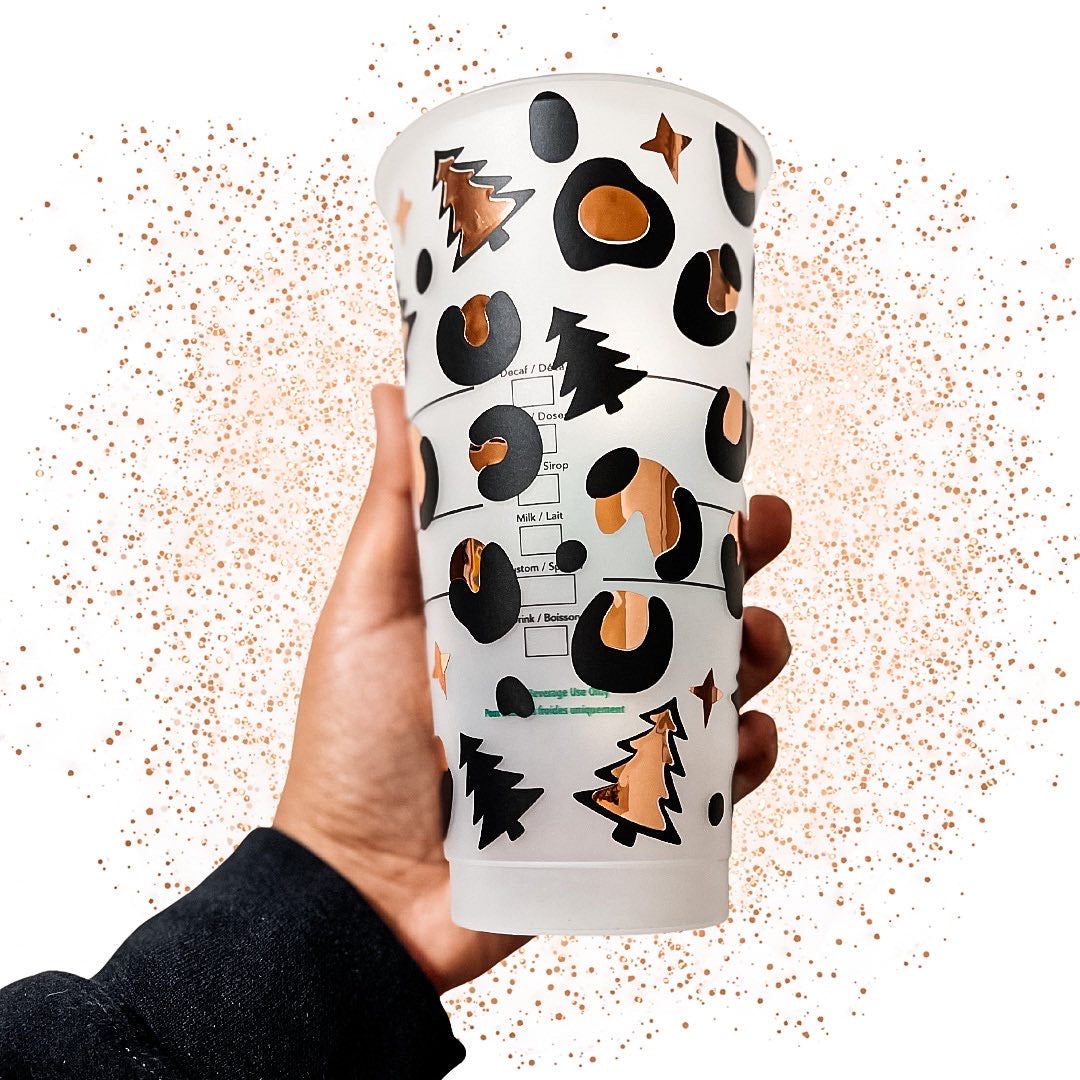 Tumbler - 24oz. Venti Branded Cold Cup Rose Gold Christmas Leopard Wrapped
